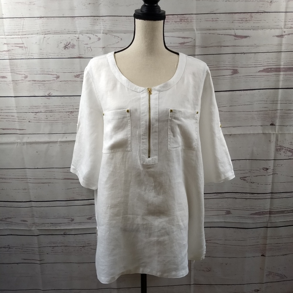 Ellen Tracy White Zip Front Linen Top